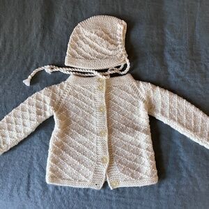 Handmade Ivory Baby Sweater + Matching Bonnet Vintage Style Never Used